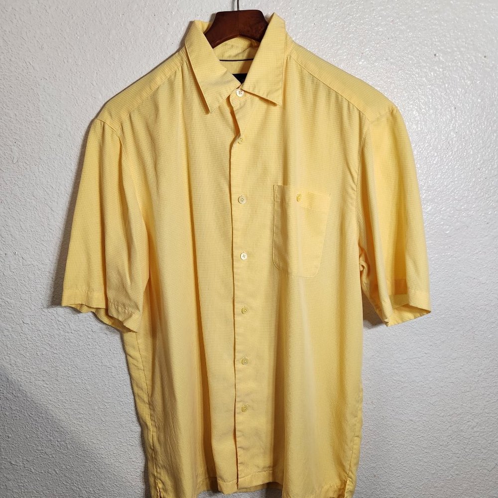 Indigo Palms Mens Large Button Up Short Sleeve Shirt Collar Yellow check FASTShp
